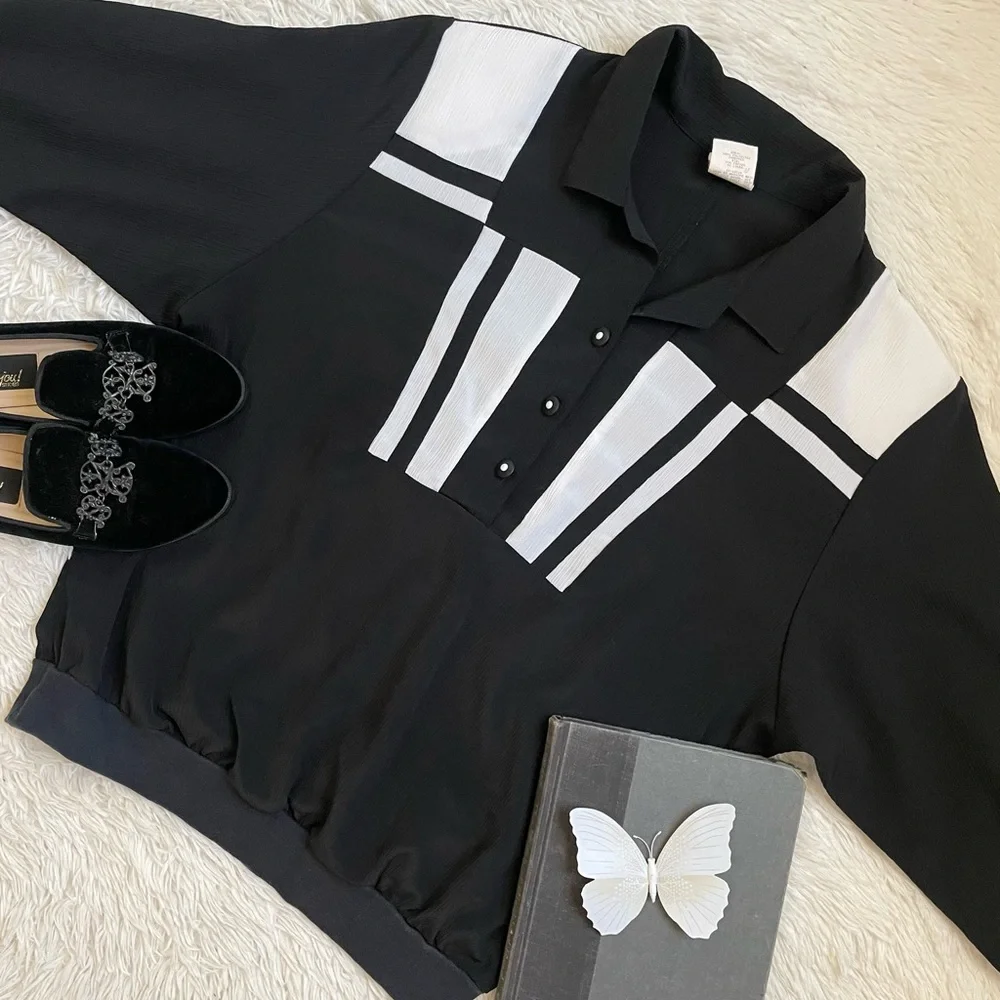 Vintage 80s retro color block casual black and white top - Picture 1 of 13